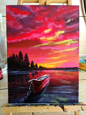 Картина акрилом Закат на озере - 2