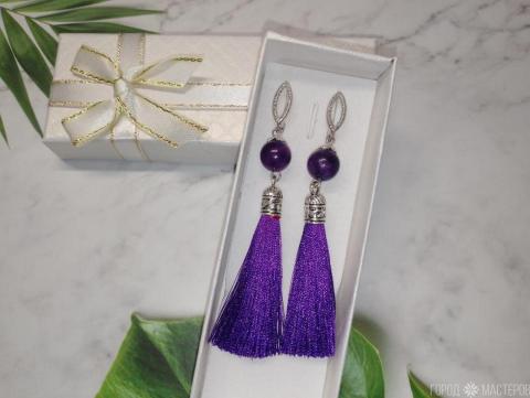 Серьги с натуральным аметистом и кисточками - 5