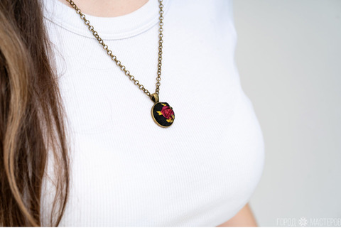 Комплект Кулон Серьги Кольцо вышитые лентами - 3