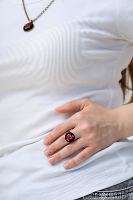 Комплект Кулон Серьги Кольцо вышитые лентами - 7