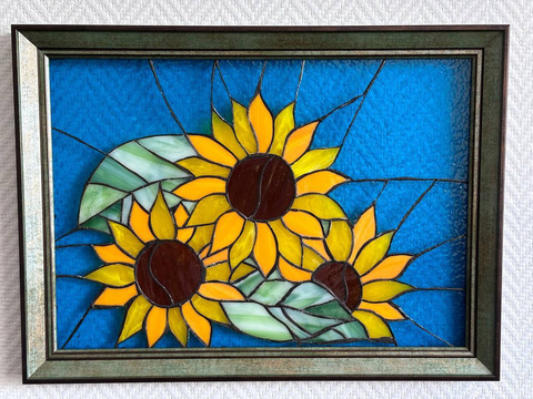 Картина с подсветкой из витражного стекла выполнена в технике Тиффани "Подсолнухи"🌻